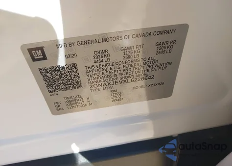 2020 Chevrolet Equinox Fwd 2Fl z USA, uszkodzony, nr VIN 2GNAXJEVXL6226642